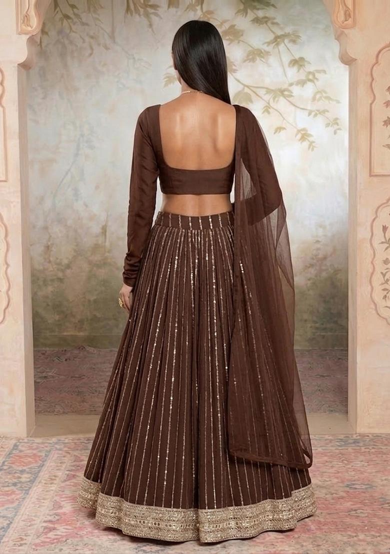 Brown Embroidered Crepe Lehenga Set - Indya