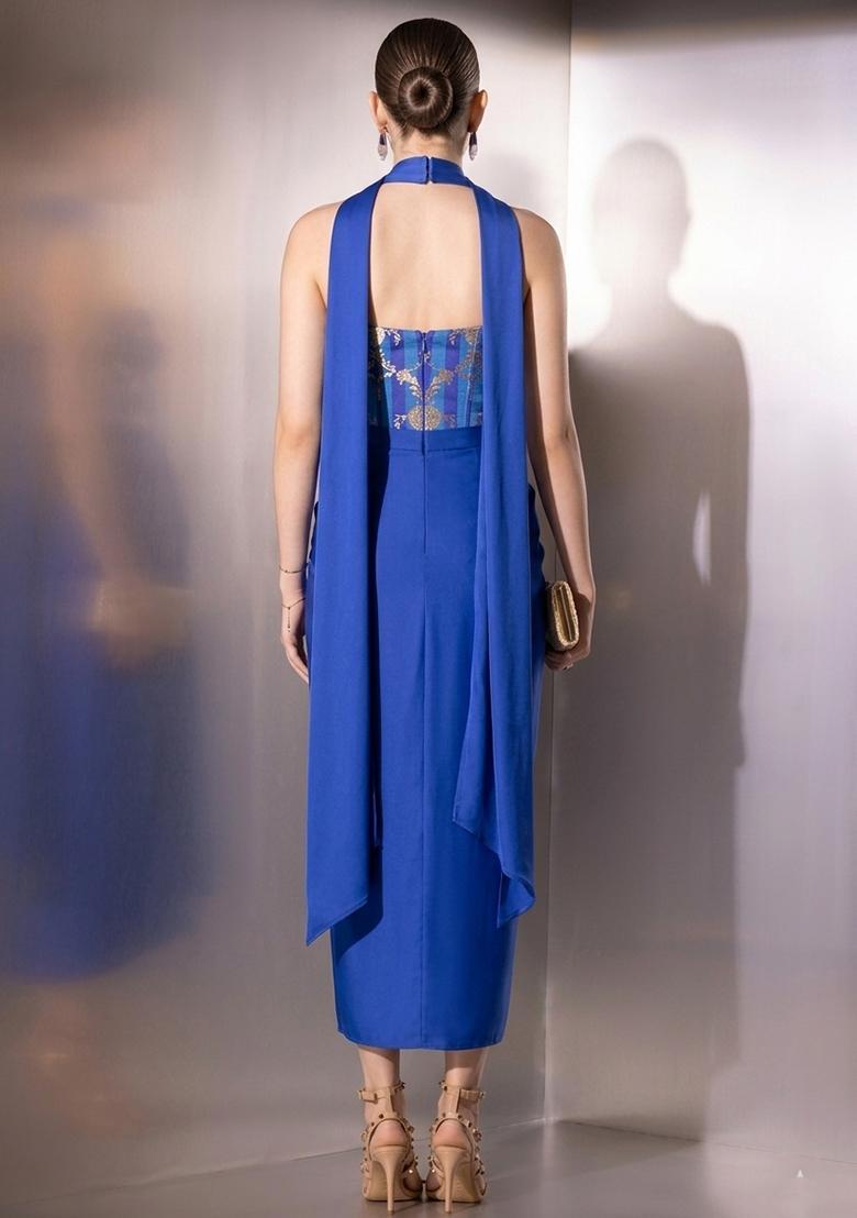 Royal Blue Zari Satin Fusion Set - Indya