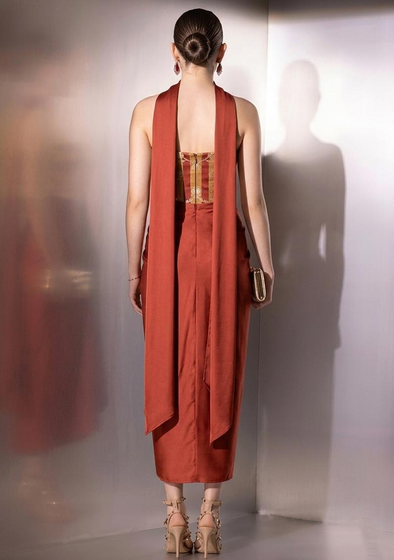 Burnt Orange Zari Satin Fusion Set - Indya