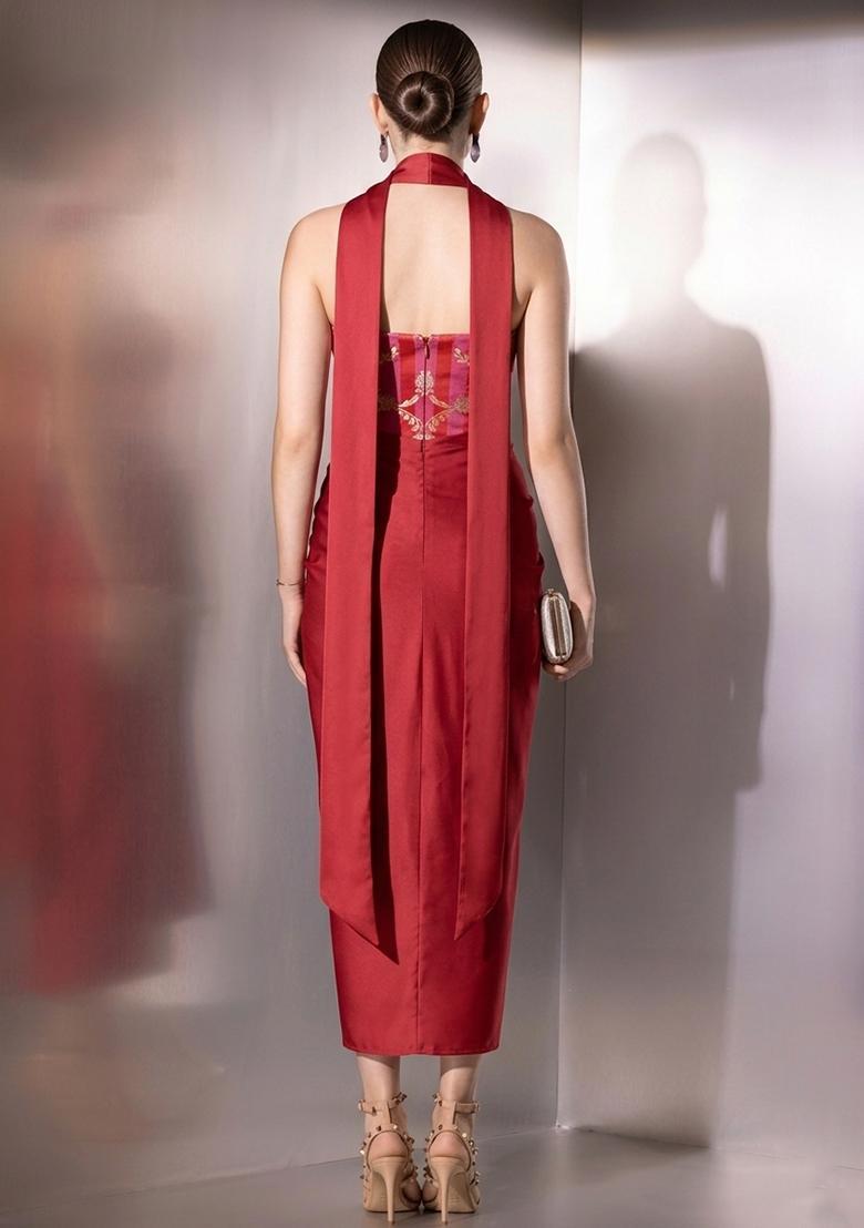 Red Zari Satin Fusion Set - Indya