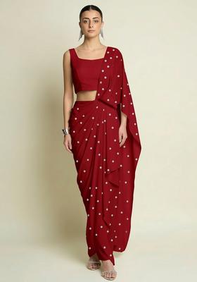 Crimson Red Embroidered Moss Pre Draped Saree Set