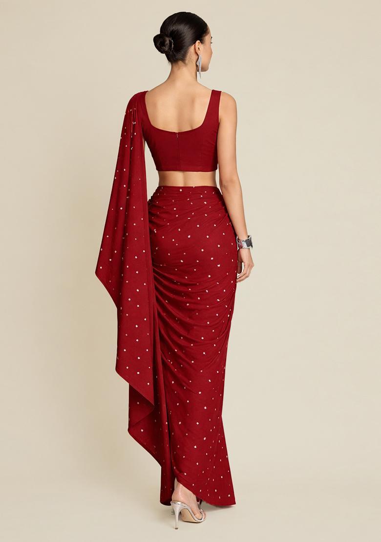 Crimson Red Embroidered Moss Pre Draped Saree Set - Indya