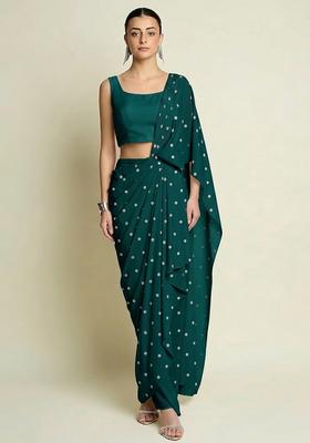 Deep Teal Green Embroidered Moss Pre Draped Saree Set