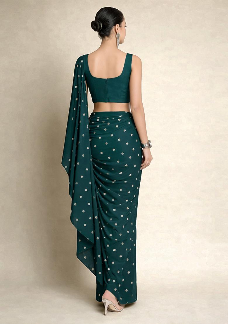 Deep Teal Green Embroidered Moss Pre Draped Saree Set - Indya
