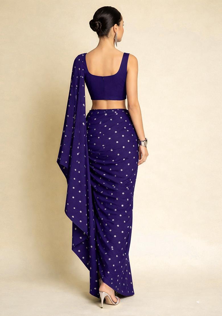 Purple Embroidered Moss Pre Draped Saree Set - Indya