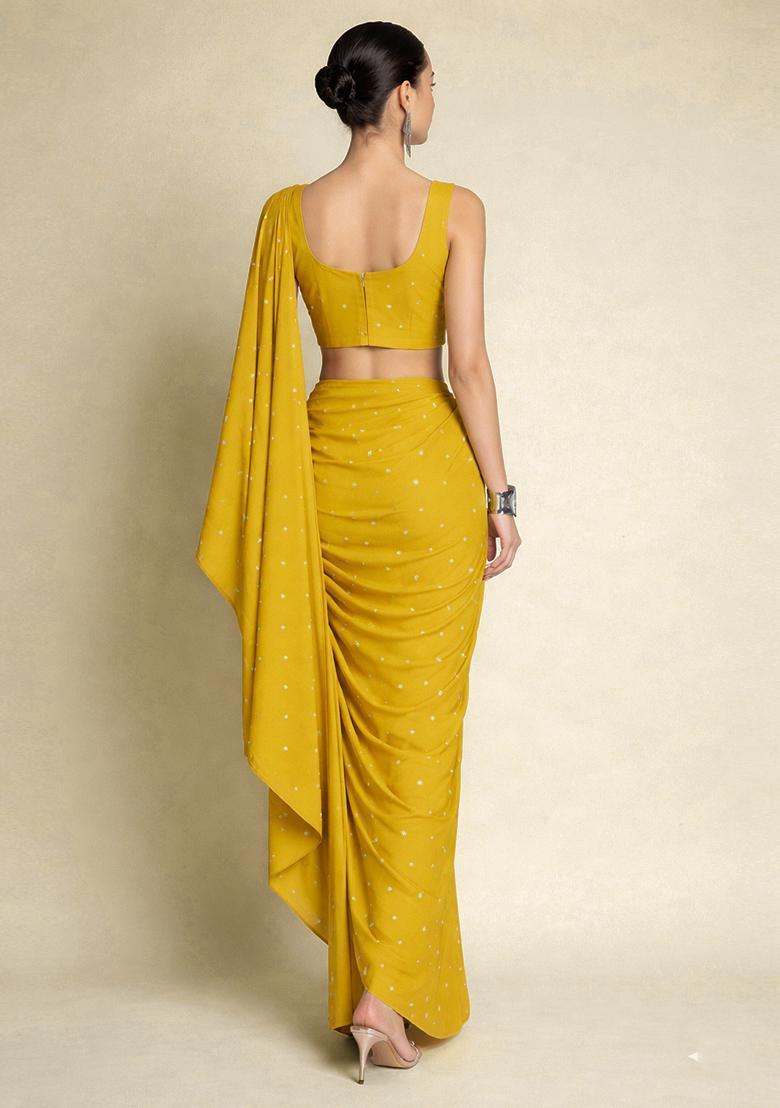 Yellow Embroidered Moss Pre Draped Saree Set - Indya