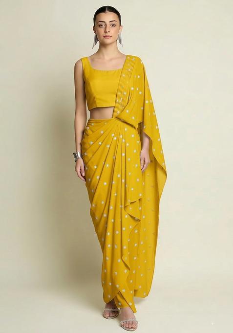 Yellow Embroidered Moss Pre Draped Saree Set