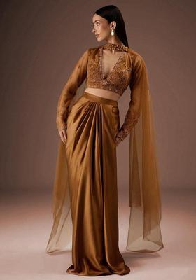 Copper Brown Embroidered Handwork Fusion Set