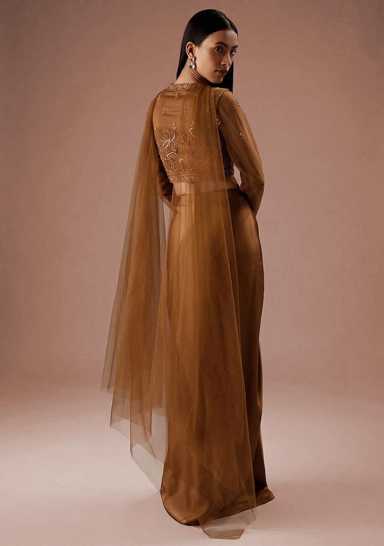 Copper Brown Embroidered Handwork Fusion Set - Indya