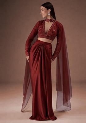 Burgundy Embroidered Handwork Fusion Set