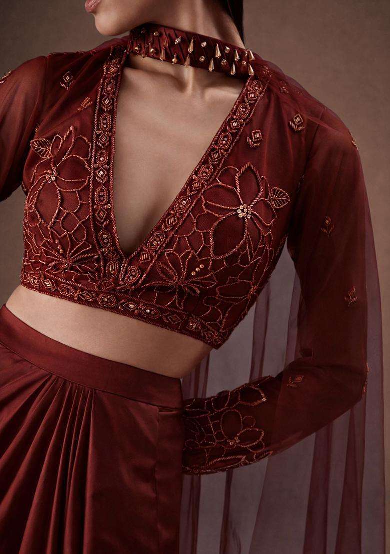 Burgundy Embroidered Handwork Fusion Set - Indya
