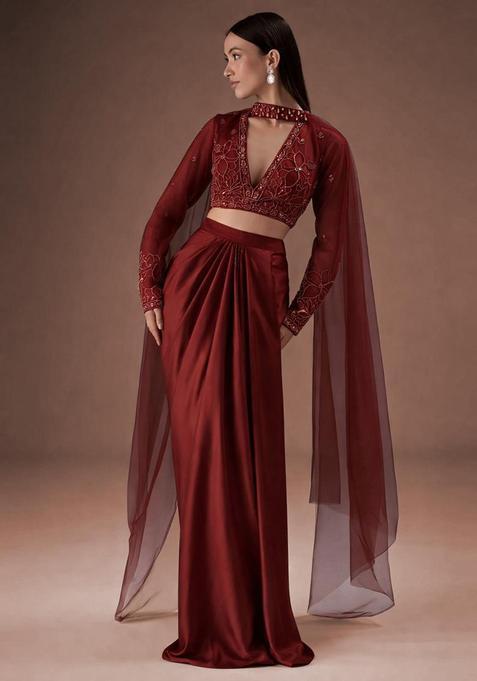 Burgundy Embroidered Handwork Fusion Set