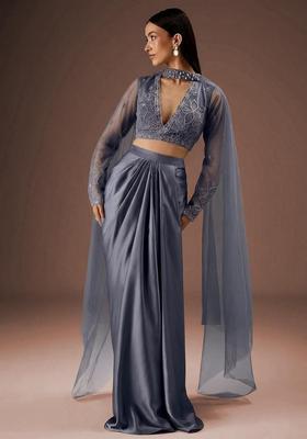 Steel Blue Embroidered Handwork Fusion Set