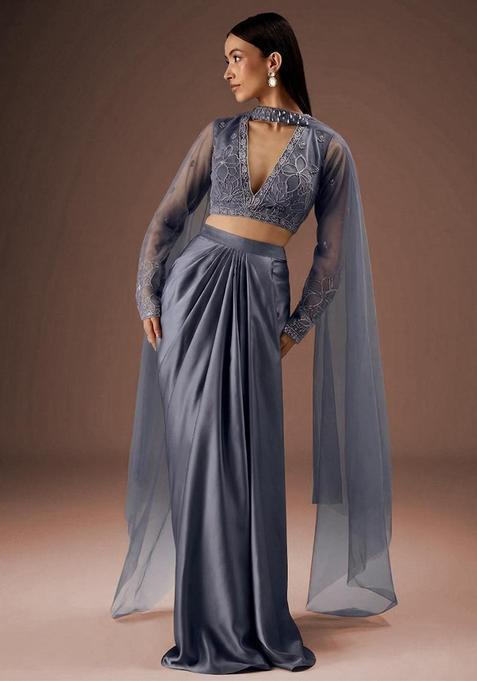 Steel Blue Embroidered Handwork Fusion Set