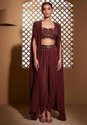 Dark Chocolate Brown Embroidered Handwork Fusion Set