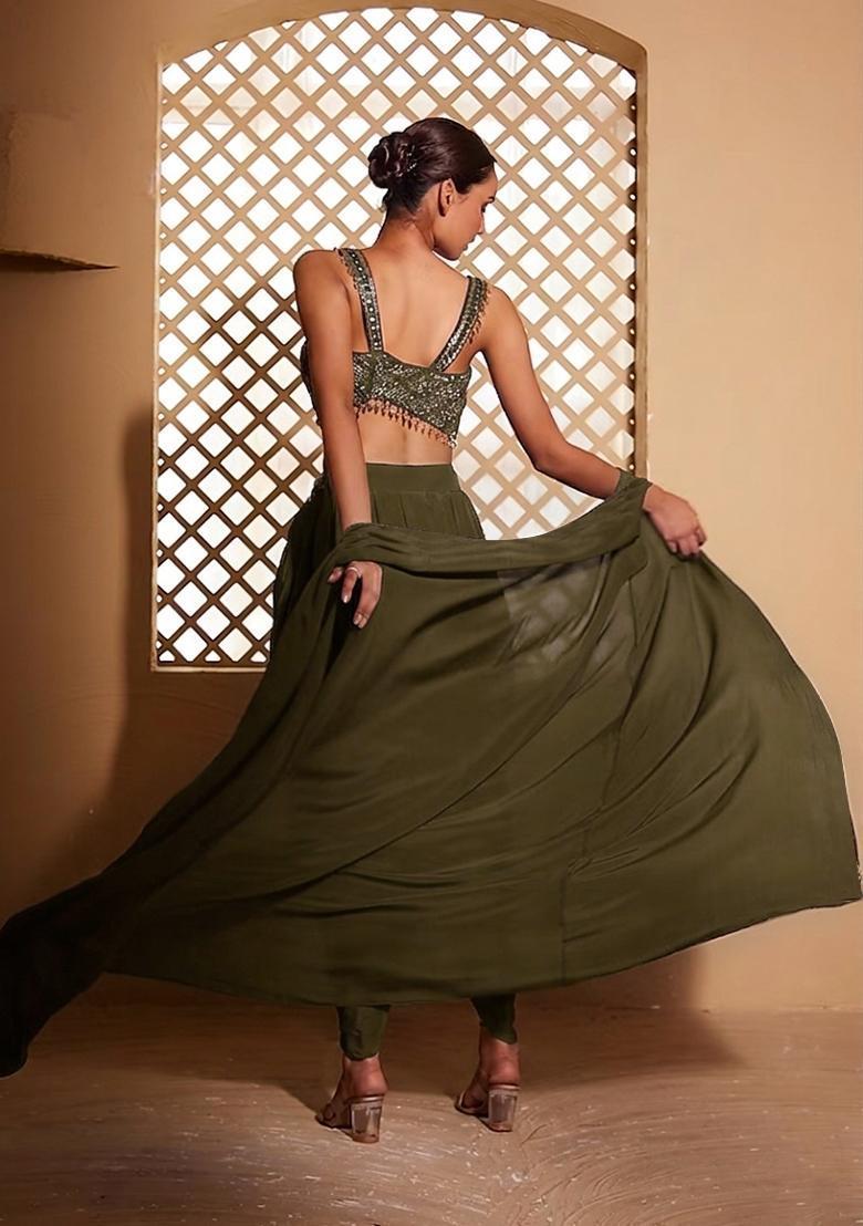 Olive Embroidered Handwork Fusion Set - Indya