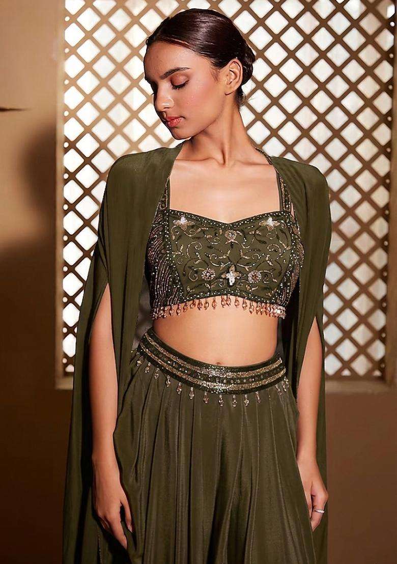 Olive Embroidered Handwork Fusion Set - Indya