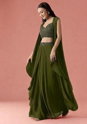 Olive Embroidered Handwork Fusion Set