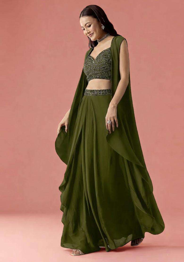 Olive Embroidered Handwork Fusion Set - Indya