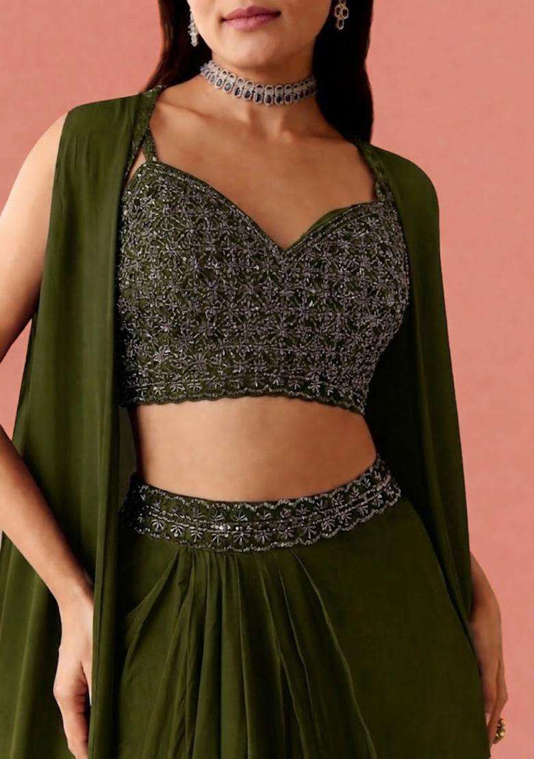 Olive Embroidered Handwork Fusion Set - Indya