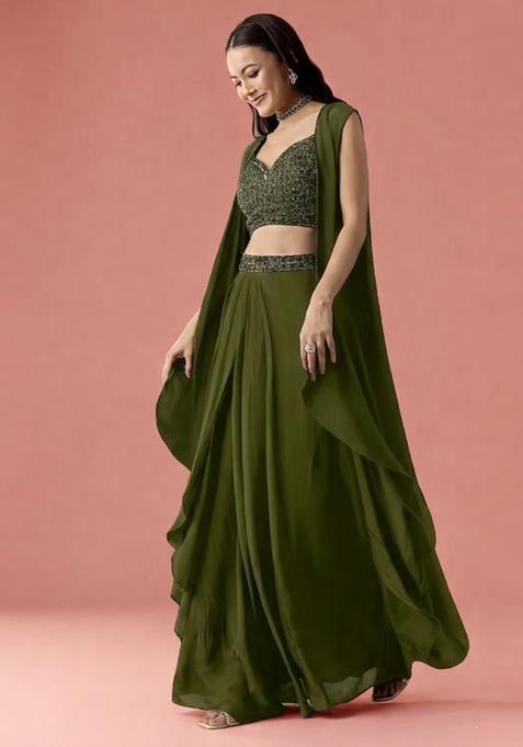 Olive Embroidered Handwork Fusion Set
