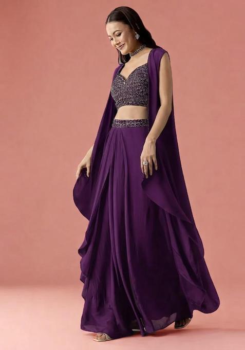 Purple Embroidered Handwork Fusion Set