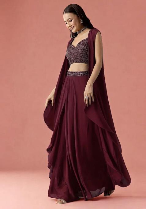 Wine Embroidered Handwork Fusion Set