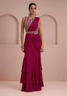 Magenta Embroidery Handwork Pre Draped Saree Set
