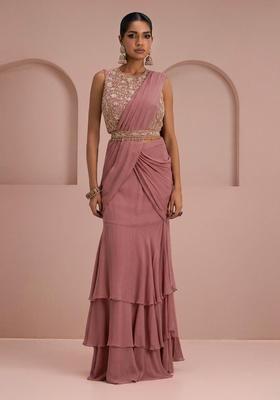 Mauve Embroidery Handwork Pre Draped Saree Set