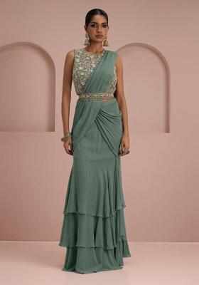 Sage Green Embroidery Handwork Pre Draped Saree Set