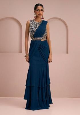 Deep Blue Embroidery Handwork Pre Draped Saree Set