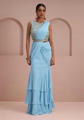Sky Blue Embroidery Handwork Pre Draped Saree Set