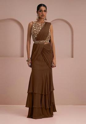 Brown Embroidery Handwork Pre Draped Saree Set