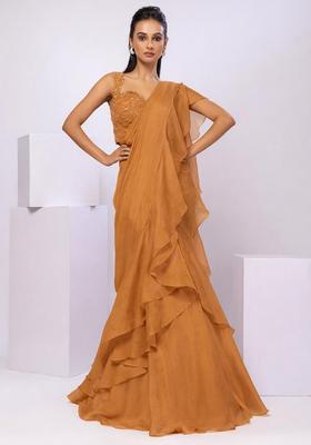 Mustard Yellow Embroidery Handwork Pre Draped Saree Set