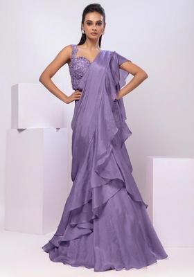 Lavender Embroidery Handwork Pre Draped Saree Set