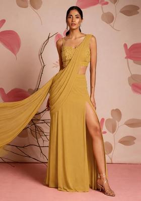 Mustard Yellow Embroidery Handwork Pre Draped Saree Set