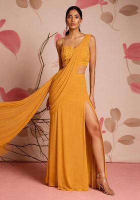 Mustard Yellow Embroidery Handwork Pre Draped Saree Set
