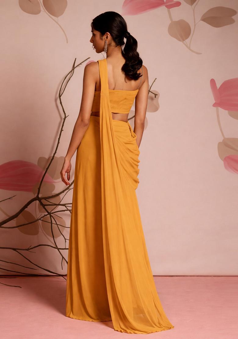 Mustard Yellow Embroidery Handwork Pre Draped Saree Set - Indya
