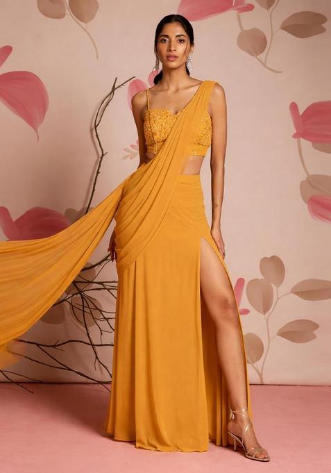 Mustard Yellow Embroidery Handwork Pre Draped Saree Set
