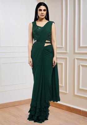 Dark Green Sequins Handwork Pre Draped Saree Set