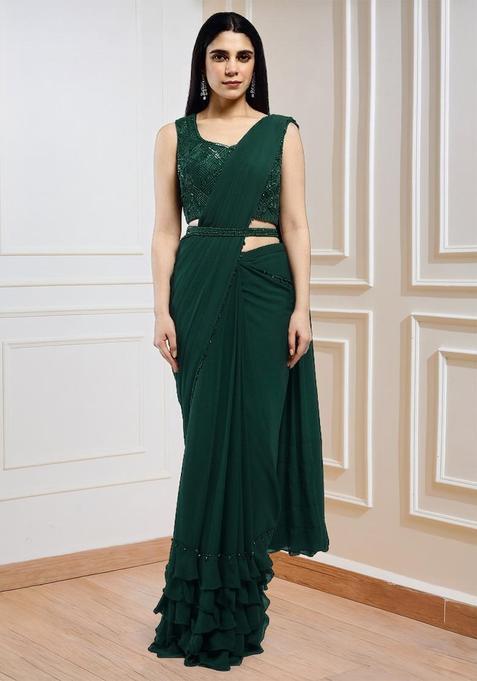 Dark Green Sequins Handwork Pre Draped Saree Set