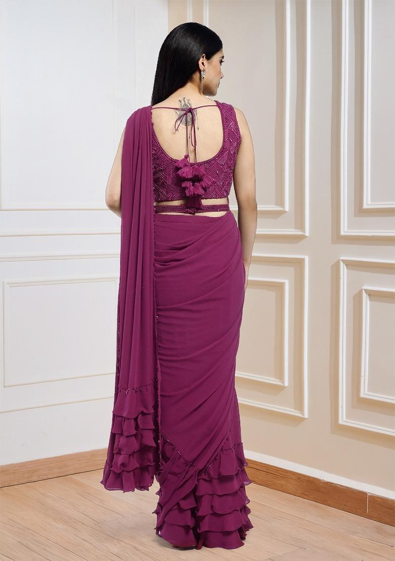 Magenta Sequins Handwork Pre Draped Saree Set - Indya