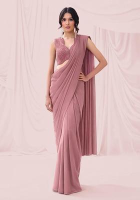 Mauve Embroidered Handwork Pre Draped Saree Set
