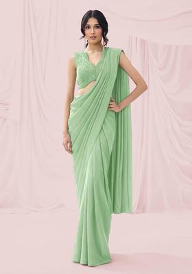 Pastel Green Embroidered Handwork Pre Draped Saree Set