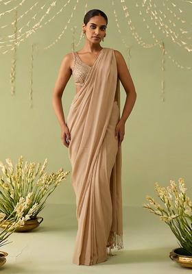 Warm Beige Embroidered Handwork Pre Draped Saree Set
