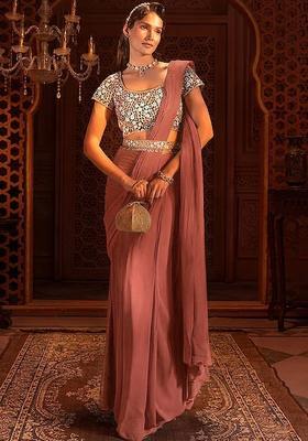 Mauve Embroidered Handwork Pre Draped Saree Set