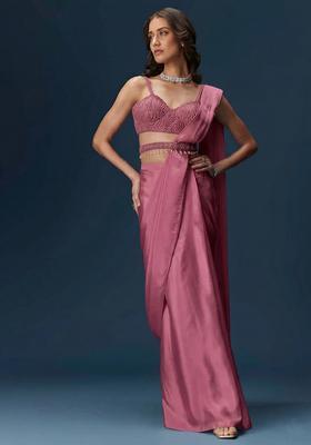 Dusty Rose Embroidered Handwork Pre Draped Saree Set