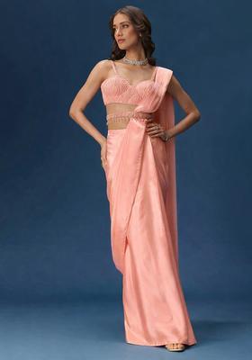 Peach Embroidered Handwork Pre Draped Saree Set