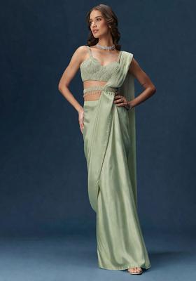 Pastel Green Embroidered Handwork Pre Draped Saree Set