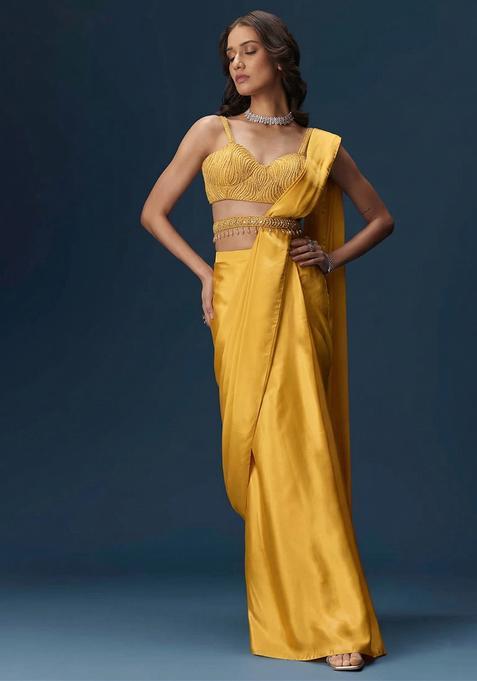 Yellow Embroidered Handwork Pre Draped Saree Set
